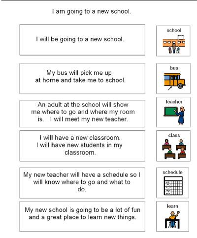 1. I will be going to a new school. 2 My bus will pick me up at home and take me to school. 3 An adult at the school will show me where to go and where my room is. I will meet my new teacher.4 I will have a new classroom. I will have new students in my classroom.5 My new teacher will have a schedule so I will know where to go and what to do.6 My new school is going to be a lot of fun and a great place to learn new things.