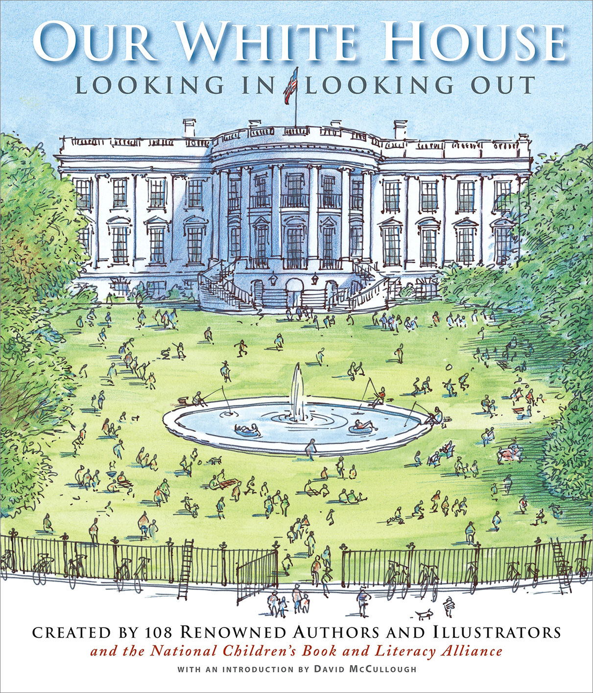 Watercolor illustration of the White House with many people on the lawn