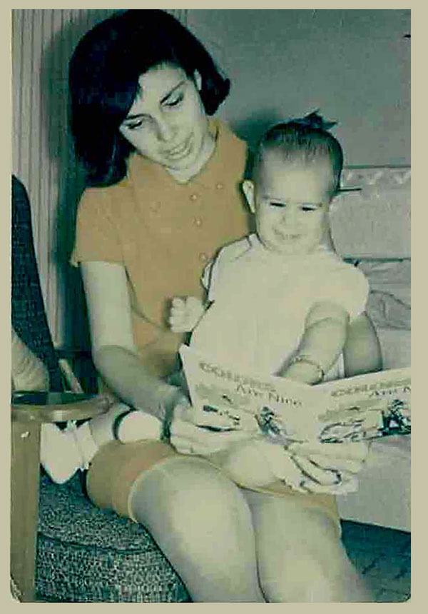 Children's author Madelyn Rosenberg as a young girl with her mother reading to her