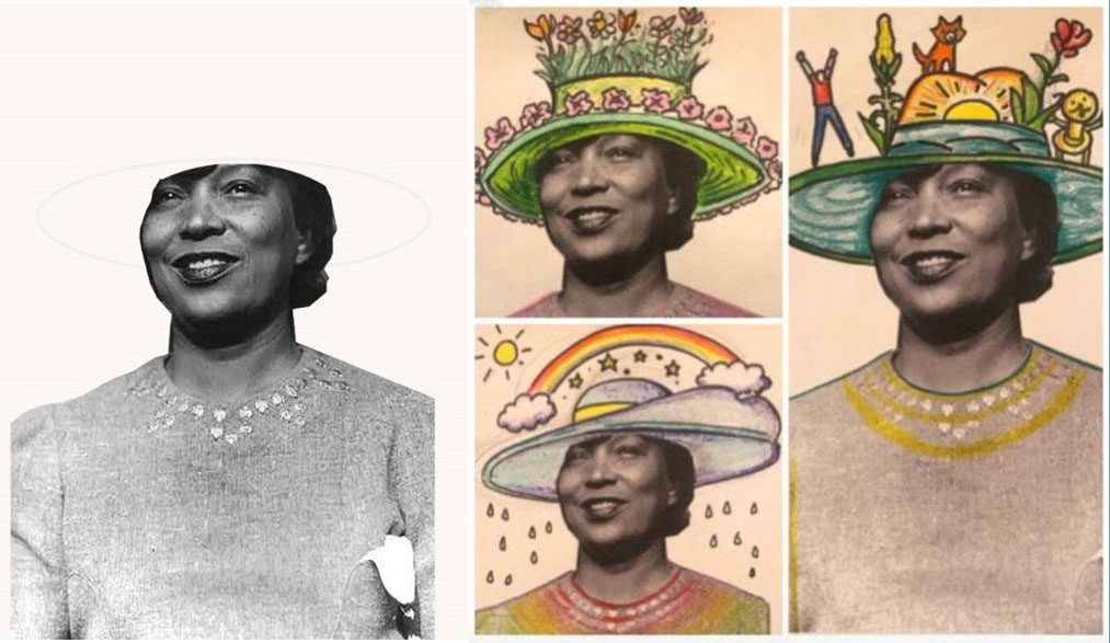 Zora Neale Hurston wearing different colorful hats