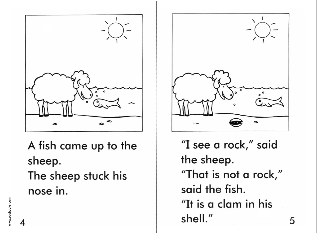 page spread from decodable book featuring a sheep and a fish