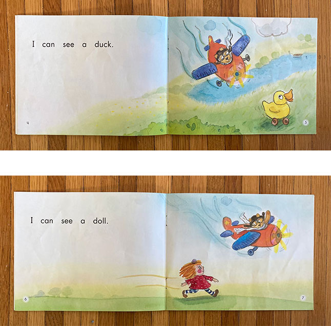 two page spreads from a predictable book featuring an airplane and a duck