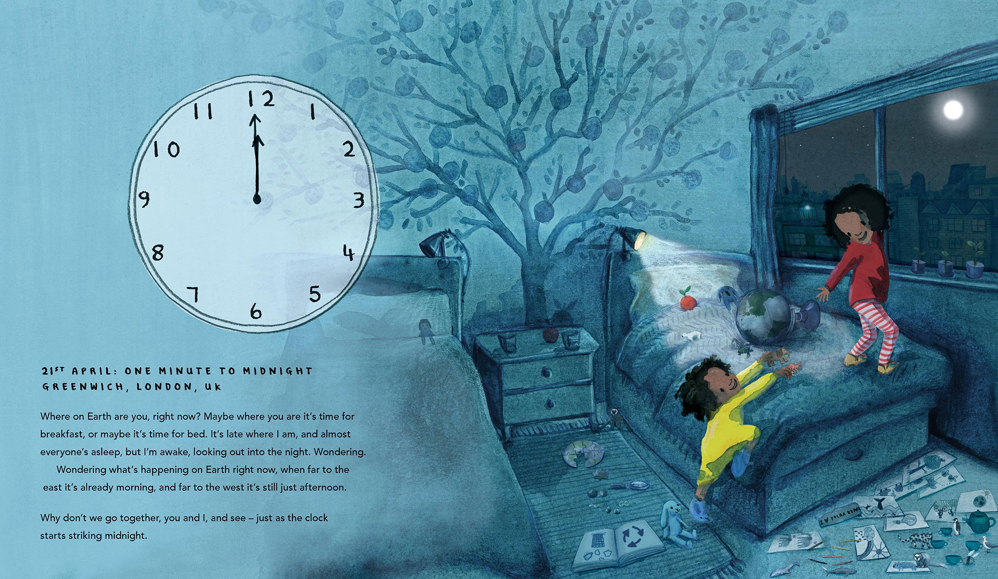 Moody blue illustration from the picture book One World showing kids playing in their bedroom at night