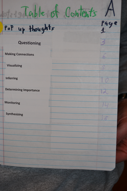 Example of handwritten student journal table of contents