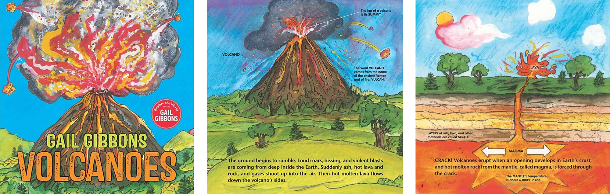 Cover and illustrated pages from children's book about volcanoes