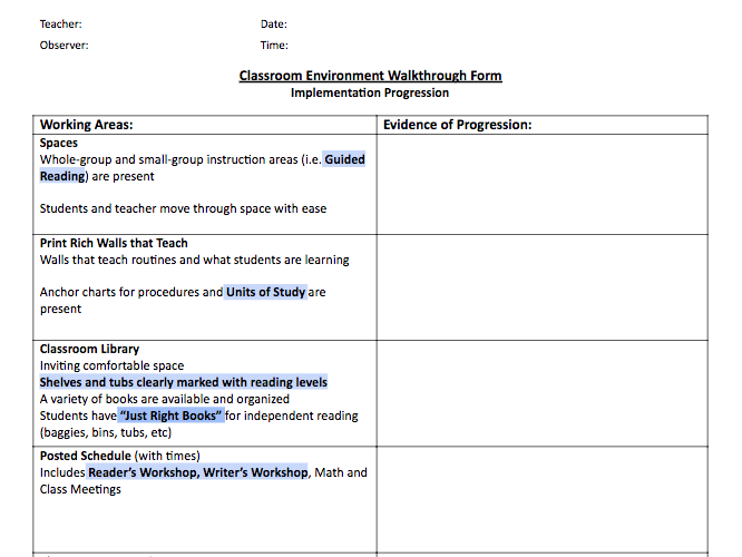 Classroom walkthrough form