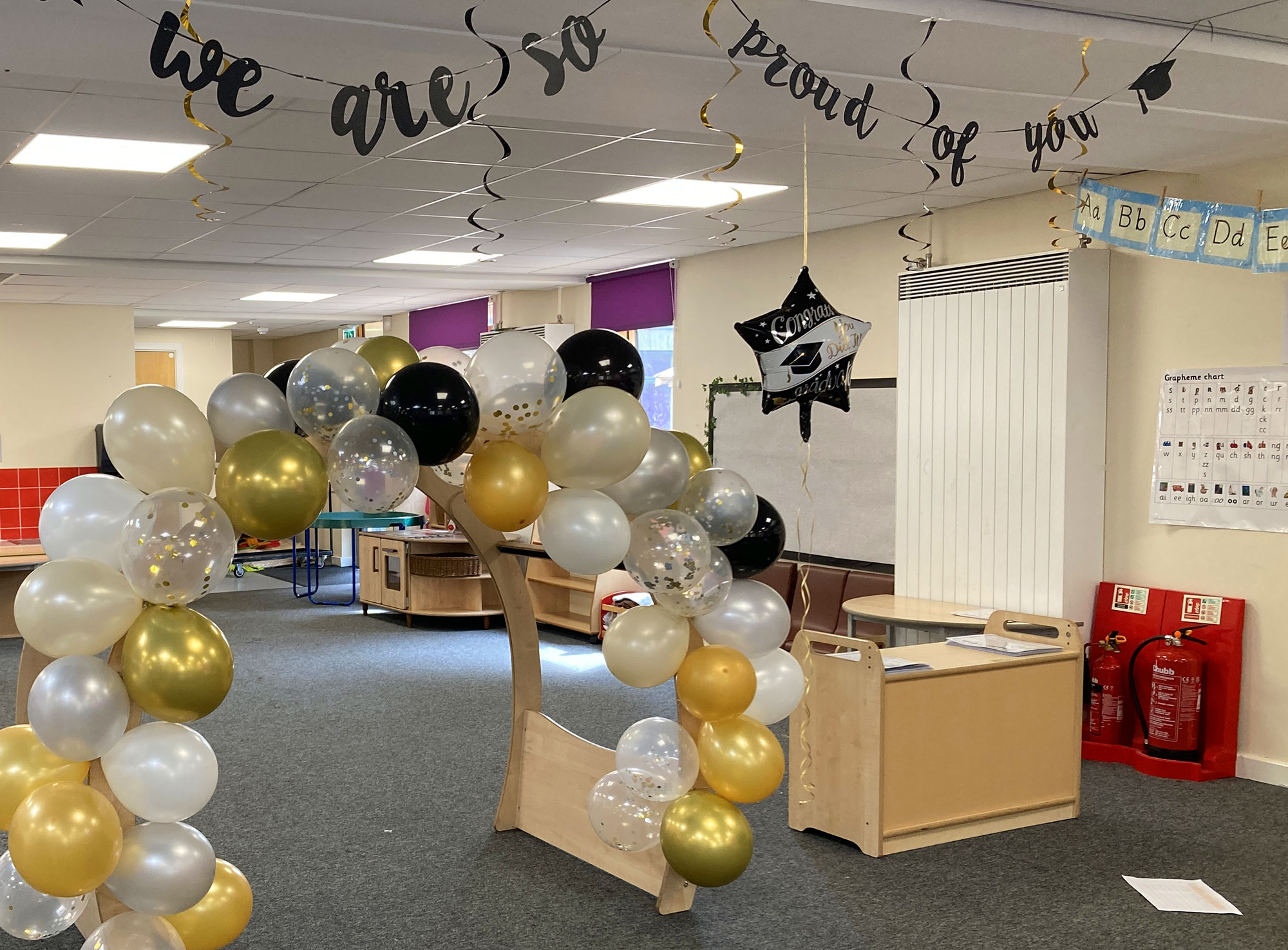 Balloon arch in elementary classroom at St. Stevens school in the UK