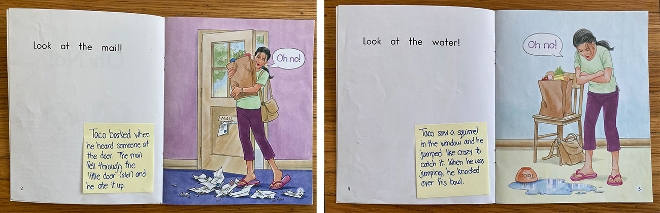 Page spreads from predictable book showing mom looking at the mail and spilled water