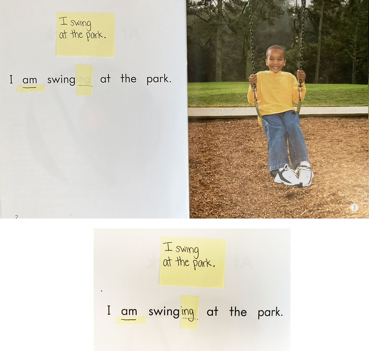 Page spread from predictable book showing a child on the swing