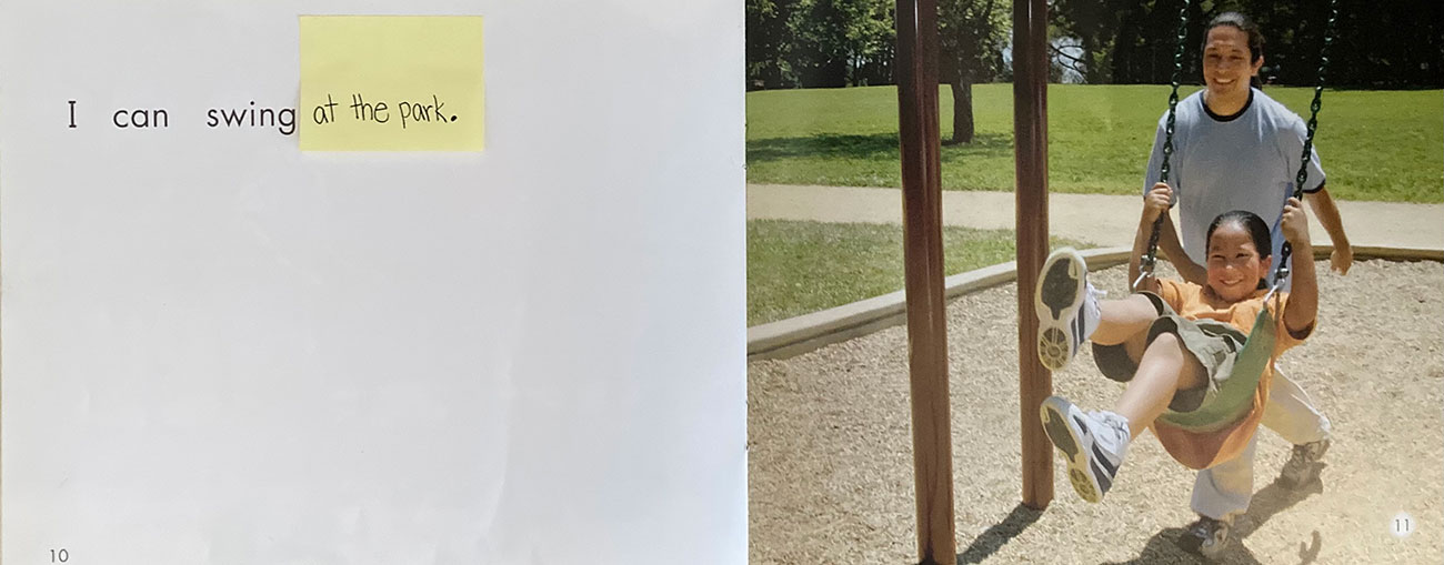 Page spread from predictable book showing a parent with a child on the swing