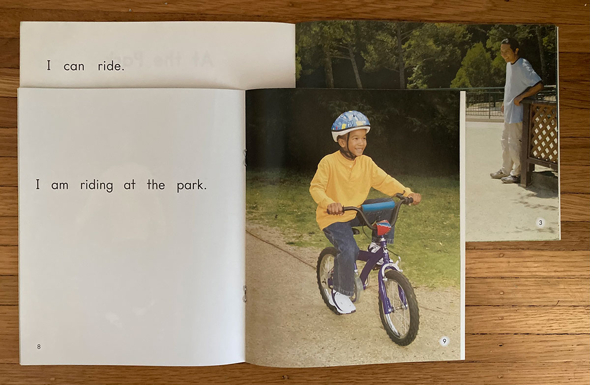 Covers from predictable book showing a child riding a bike and the family puppy