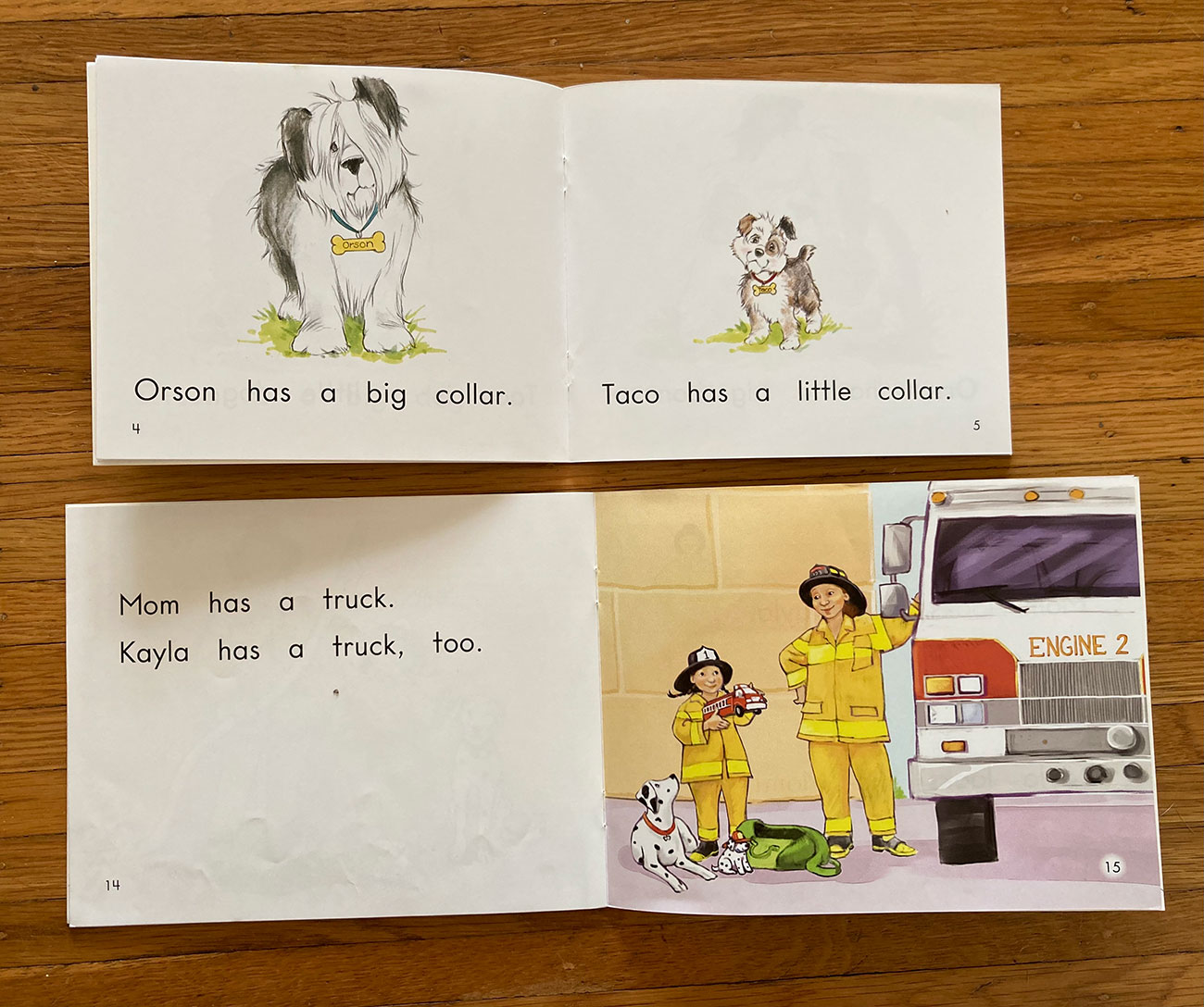 Page spreads from predictable books showing big and little dogs and fire trucks