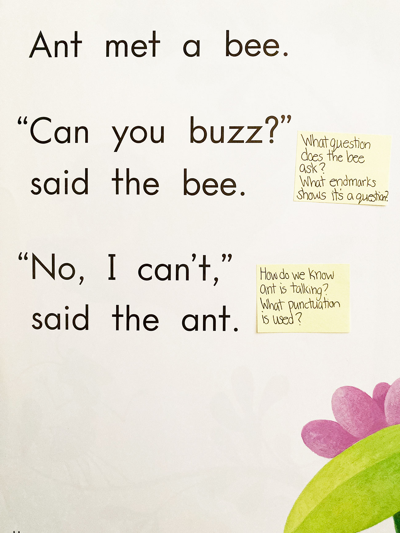Page from predictable book showing text about a bee and an ant