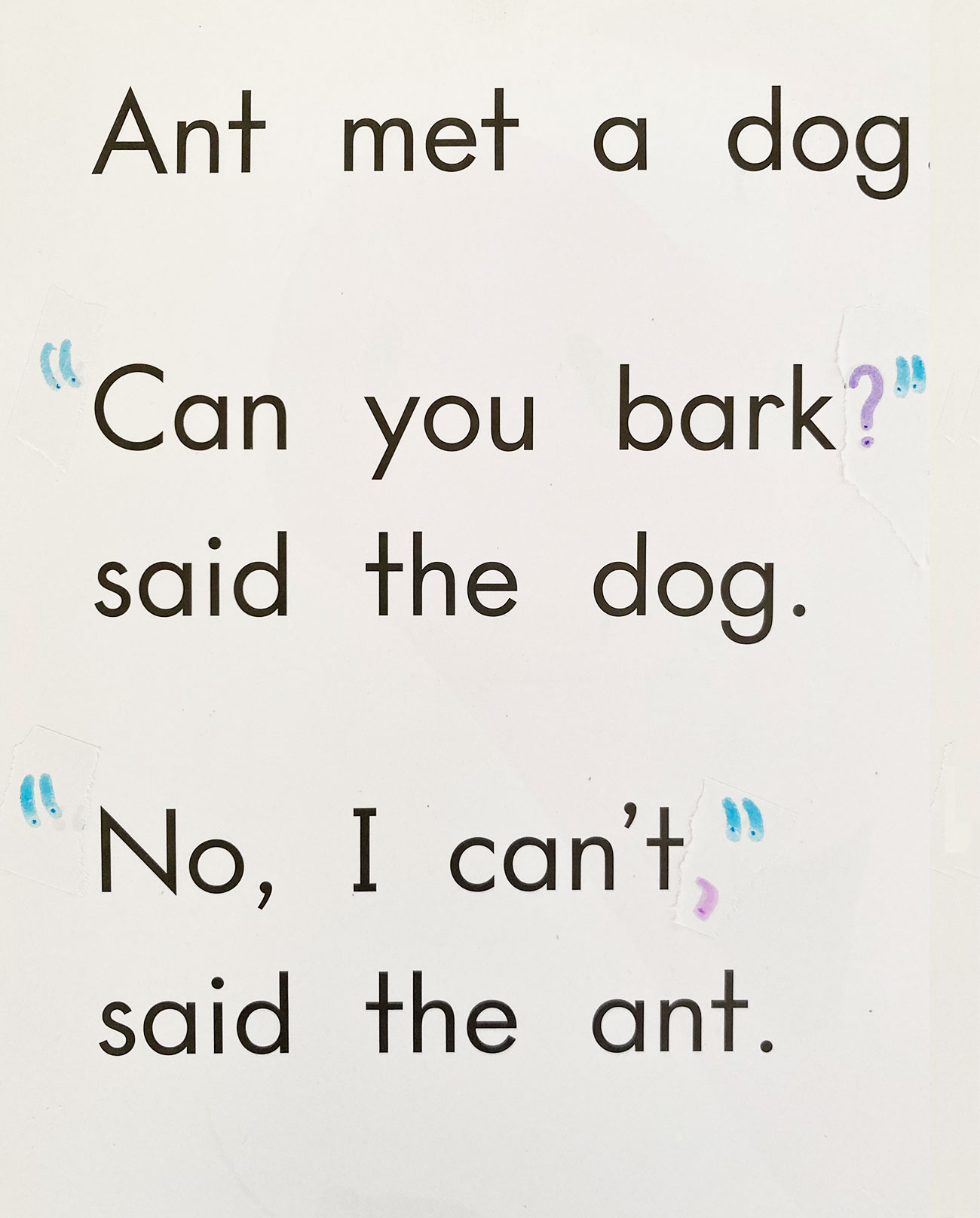 Page from predictable book showing text about a dog and an ant with quotation marks