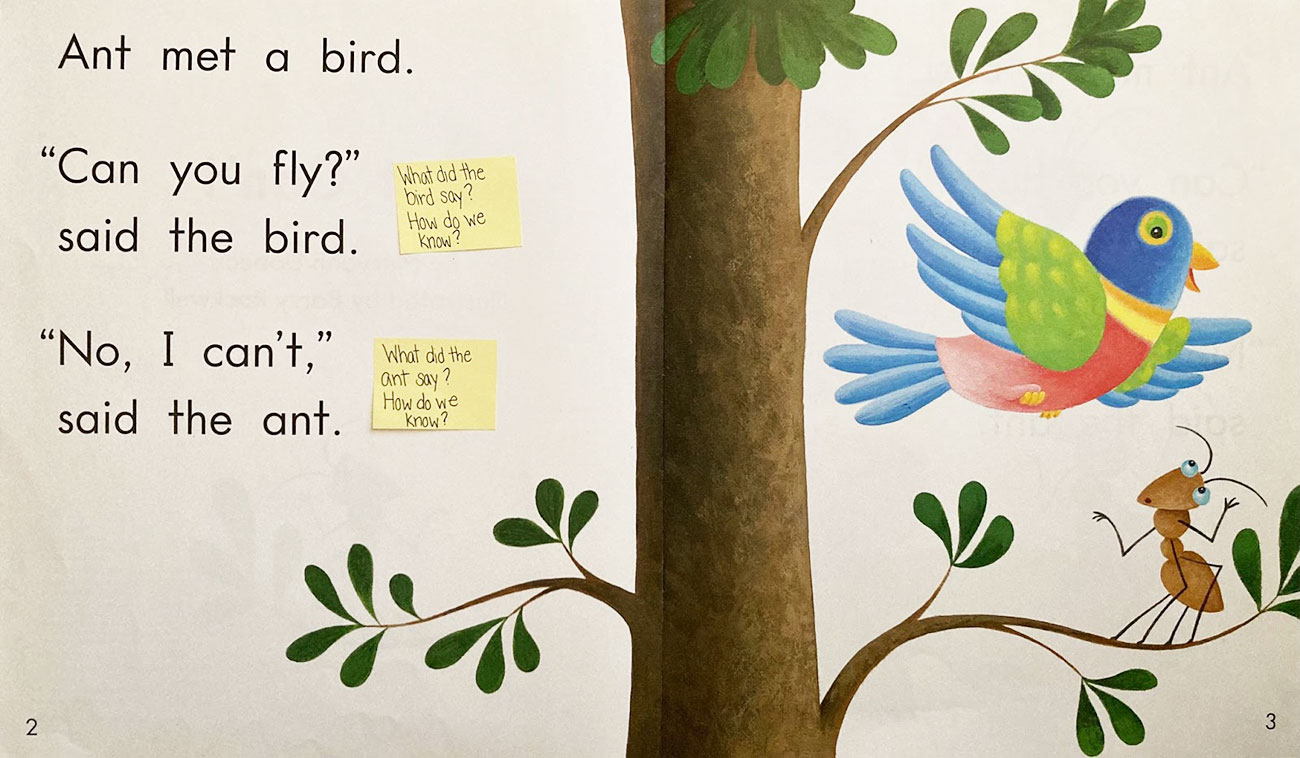 Page from predictable book showing a bird and an ant in a tree with post-it notes