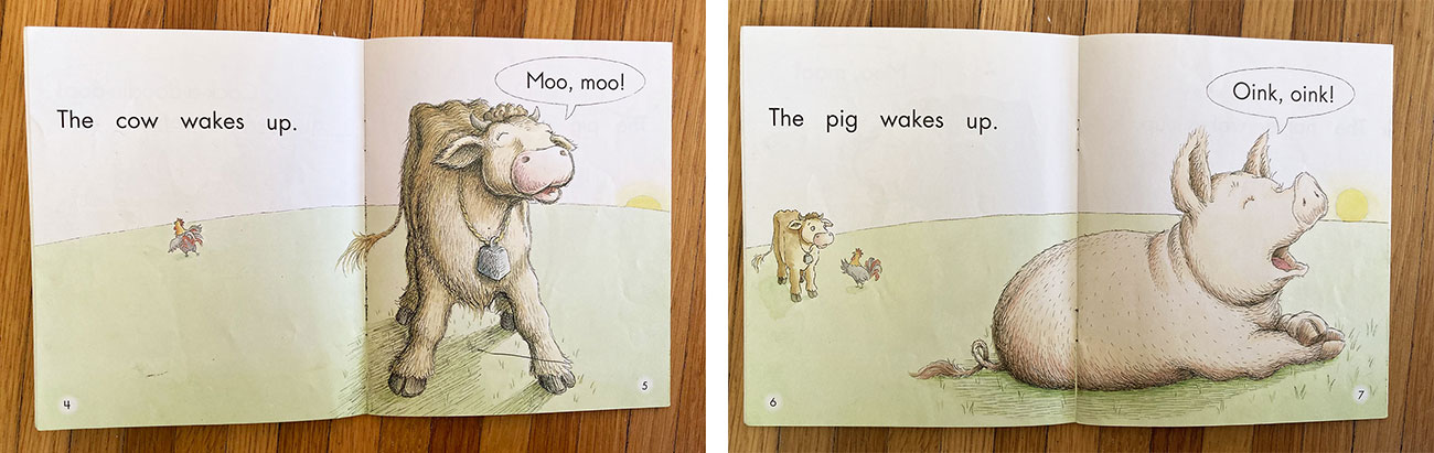 Spreads from predictable books showing cow and pig waking up in a field