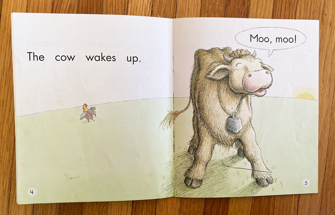 Predictable book showing cow waking up in a field