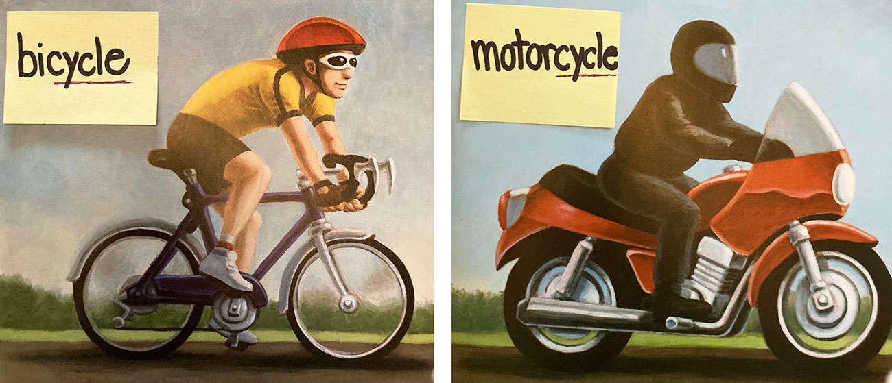 two pages from predictable book showing a cyclist and a motorcycle rider with post-it-note vocabulary words