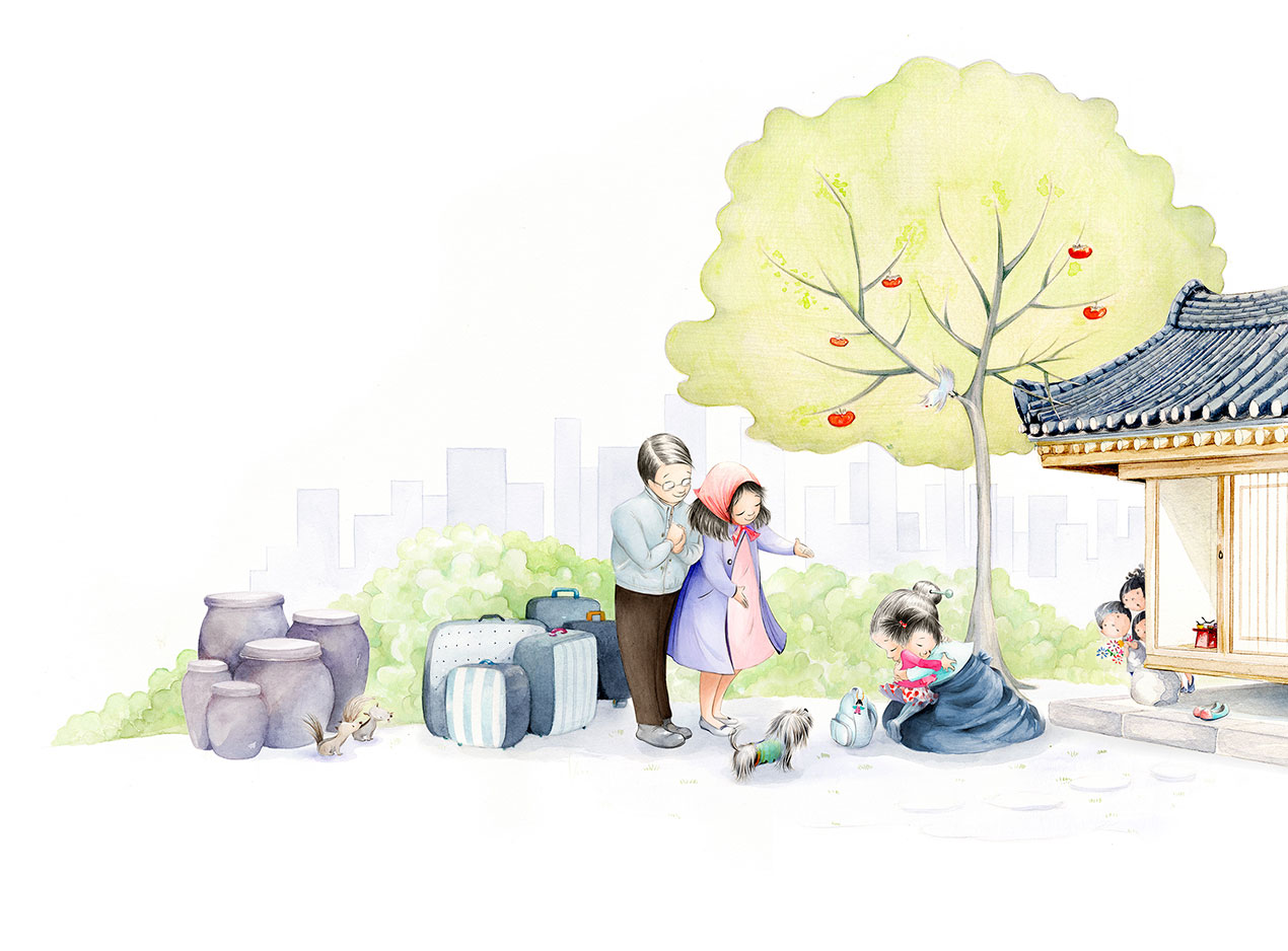 illustration of Danbi and her family leaving Korea from picture book Danbi Leads the School Parade
