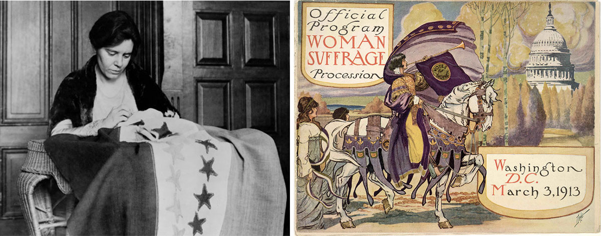 Suffragist Alice Paul sewing flag and cover of suffragist parade program