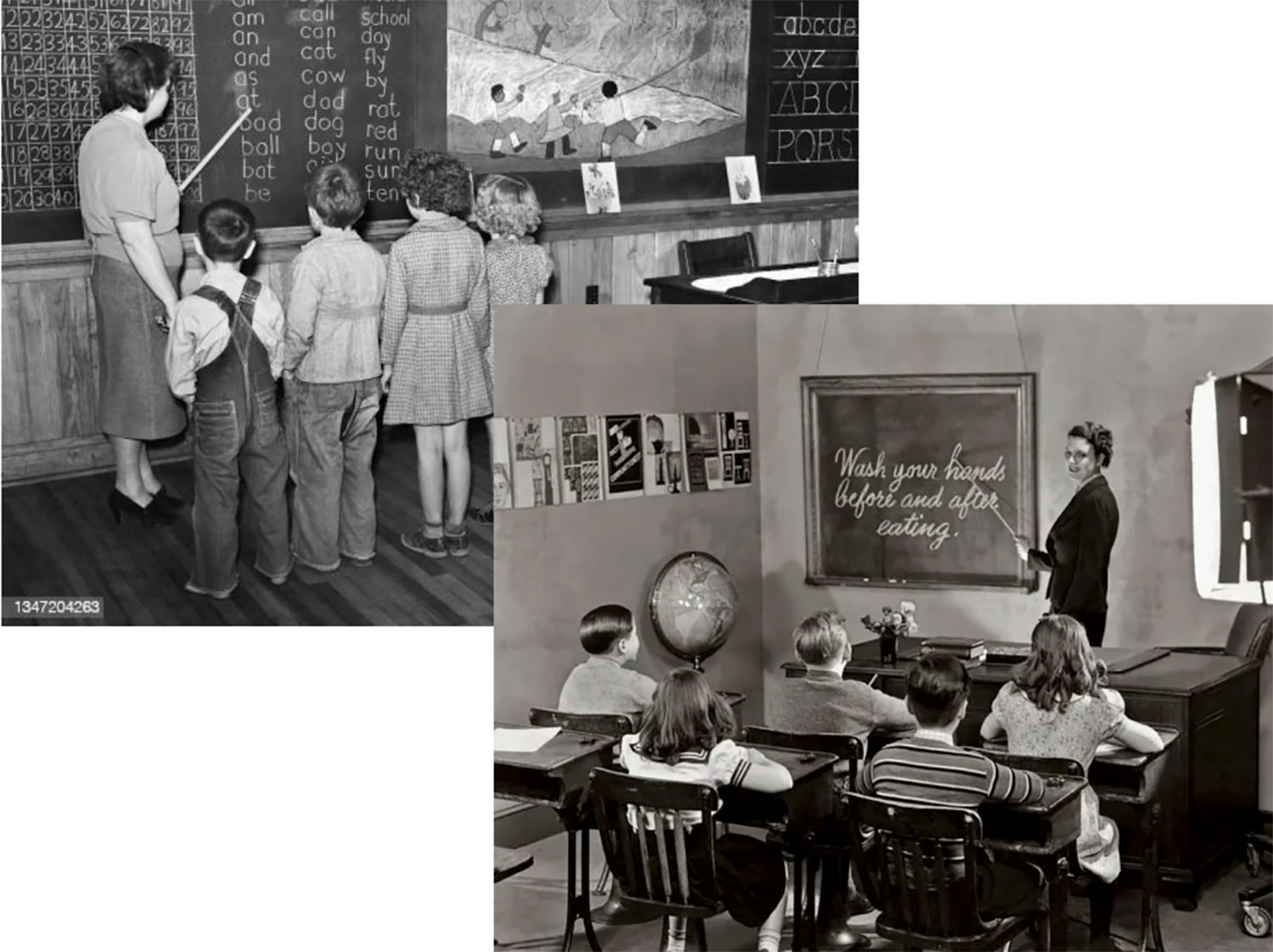 Two black and white archival photos of reading lessons at the blackboard