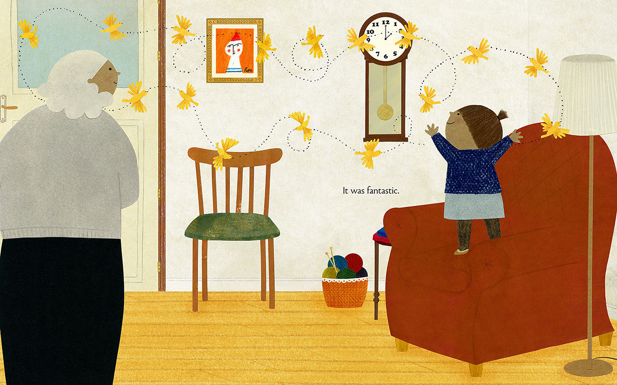 Illustration of little girl and grandmother with dozens of birds flying through living room Illustration of little girl and grandmother with dozens of birds flying through living room