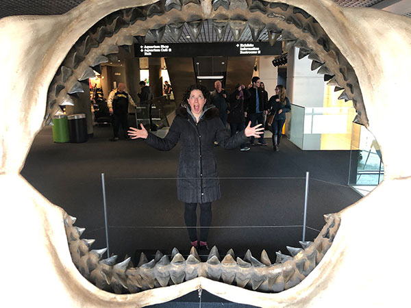 Erica Perl looking through shark jaws at Baltimore Aquarium