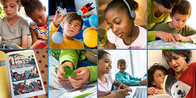 collage of images showing young children engaged in summer reading and learning activities