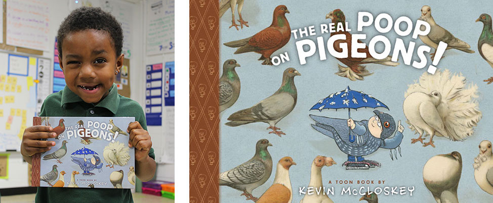 Young child holding The Real Poop on Pigeons picture book