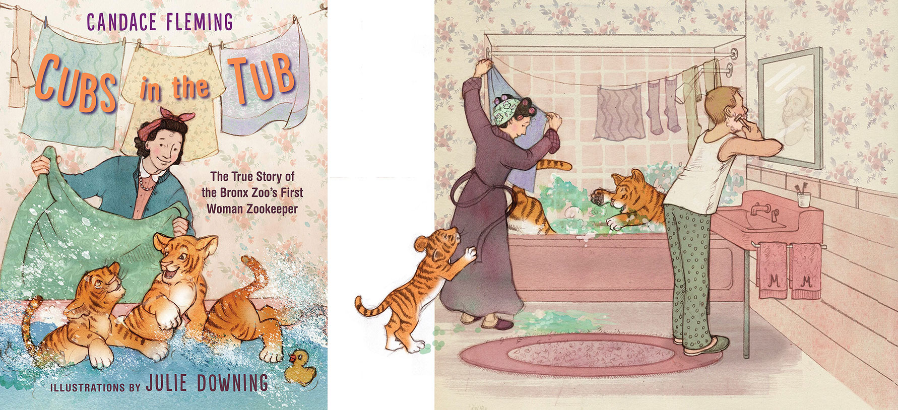 Watercolor cover and page spread of children's book Cubs in the Tub