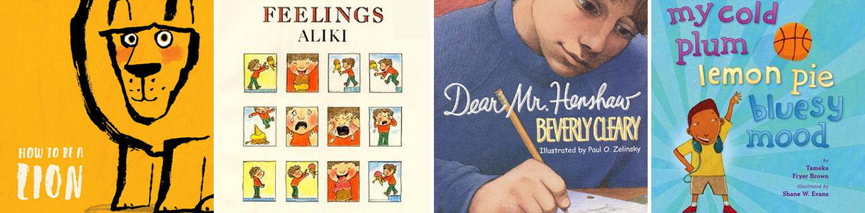 Covers of four picture books that help children understand emotions