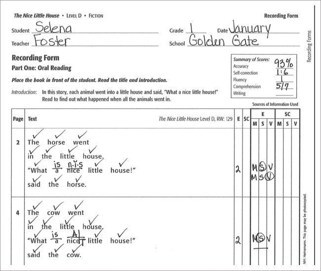 Fountas and Pinnell reading record for MSV analysis