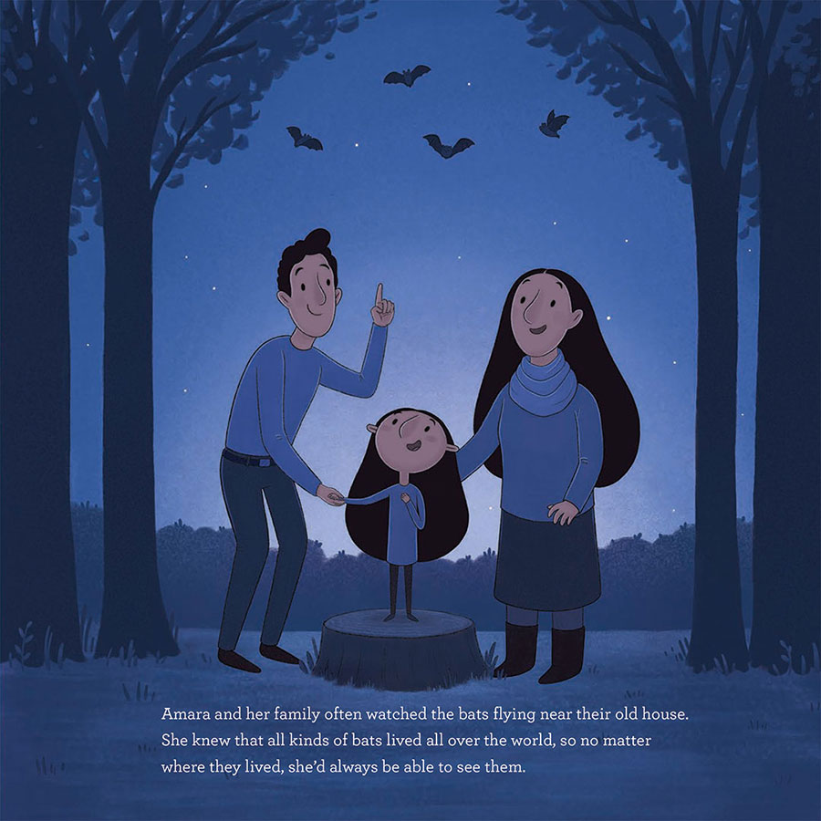 Family looking at bats at night in Amara and the Bats Family looking at bats at night in Amara and the Bats