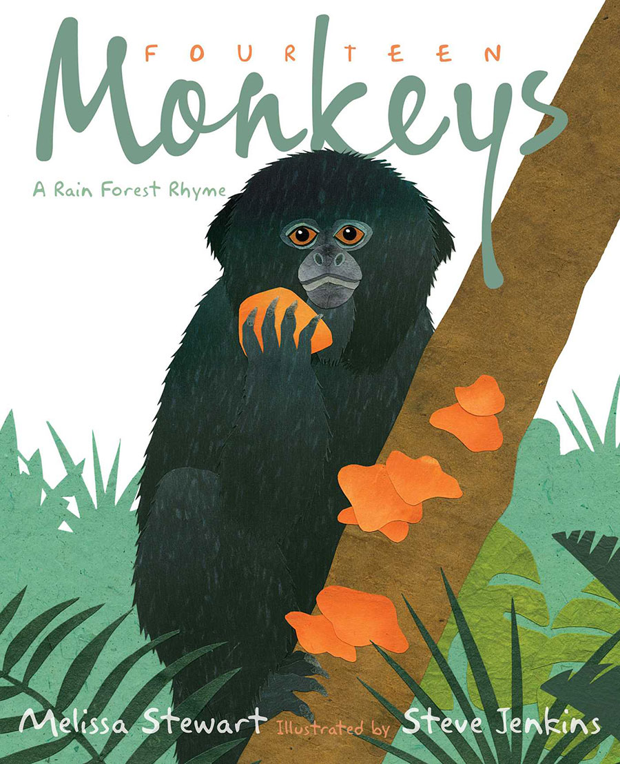 Black monkey climbing a tree on cover of 14 Monkeys picture book