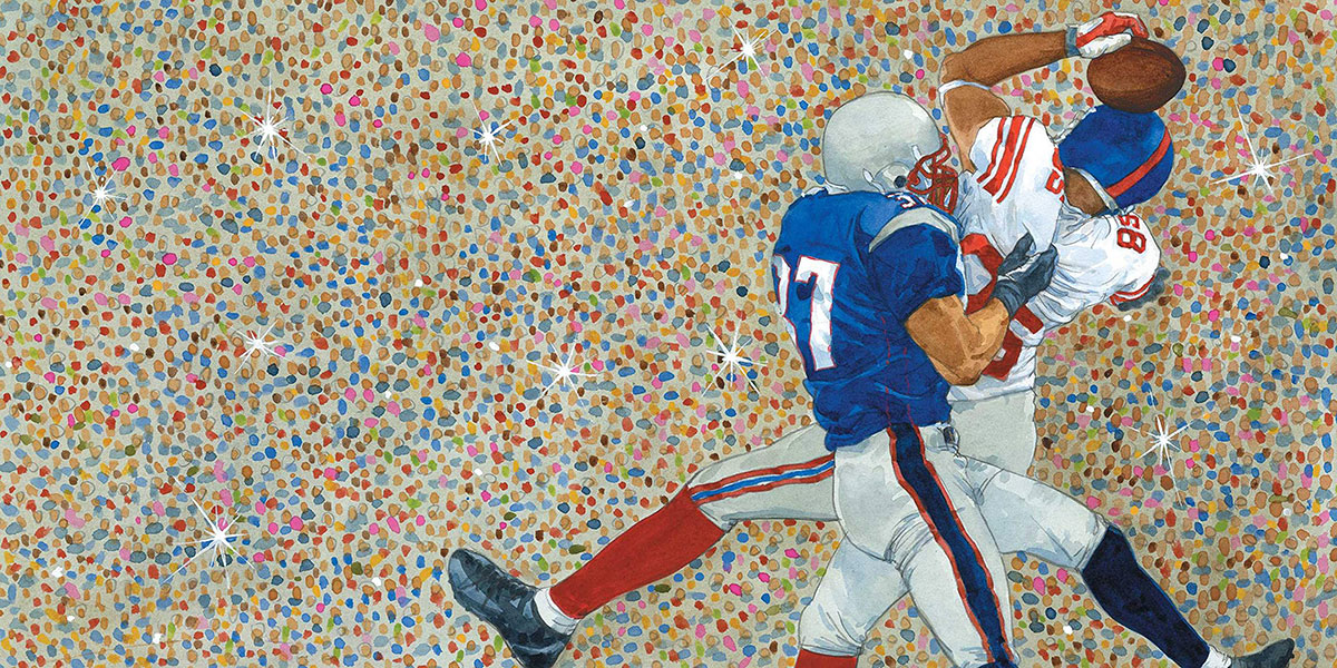 Watercolor of two football players colliding from children's book Gridiron: Stories from 100 Years of the National Football League