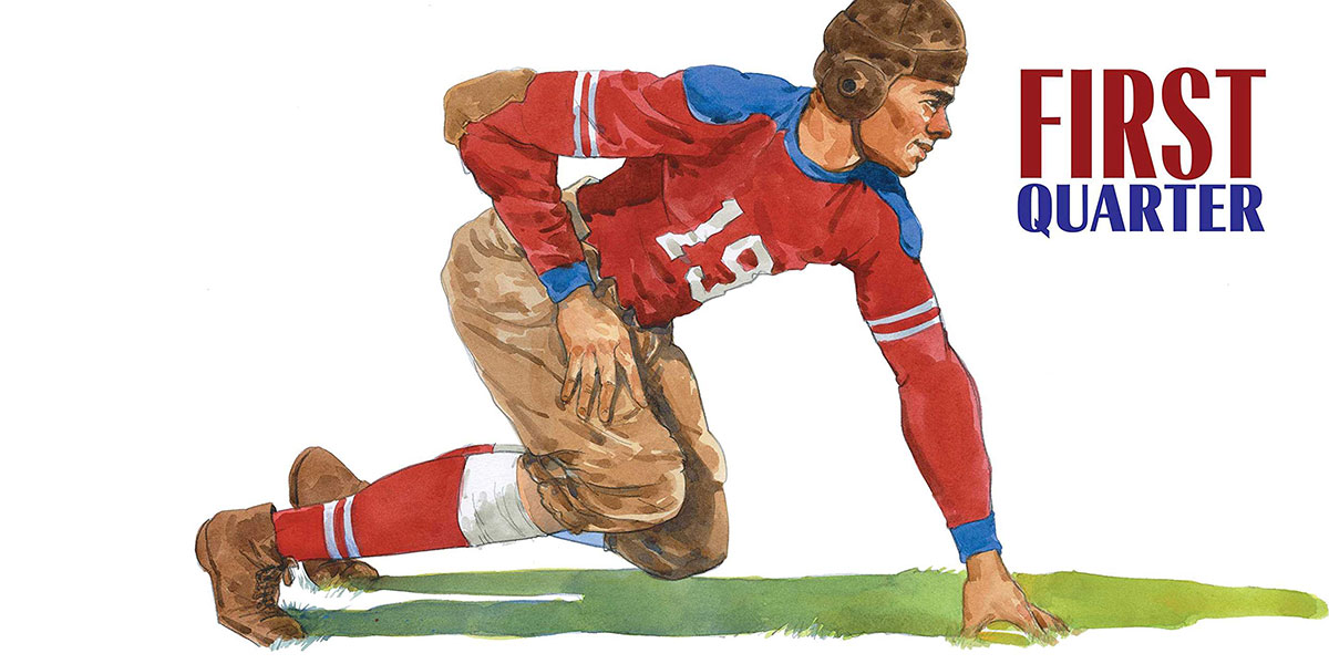 Watercolor illustration of early NFL player from children's book Gridiron: Stories from 100 Years of the National Football League