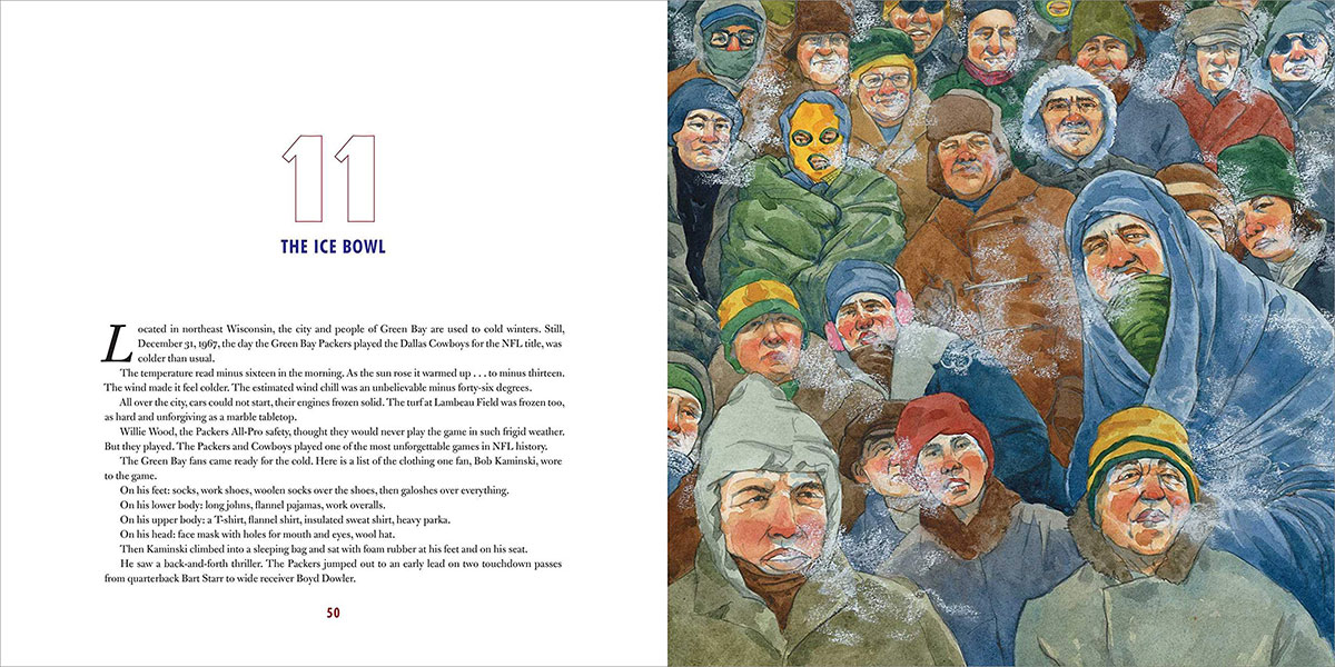 1967 Ice Bowl crowd watercolor illustration from Gridiron: Stories from 100 Years of the National Football League