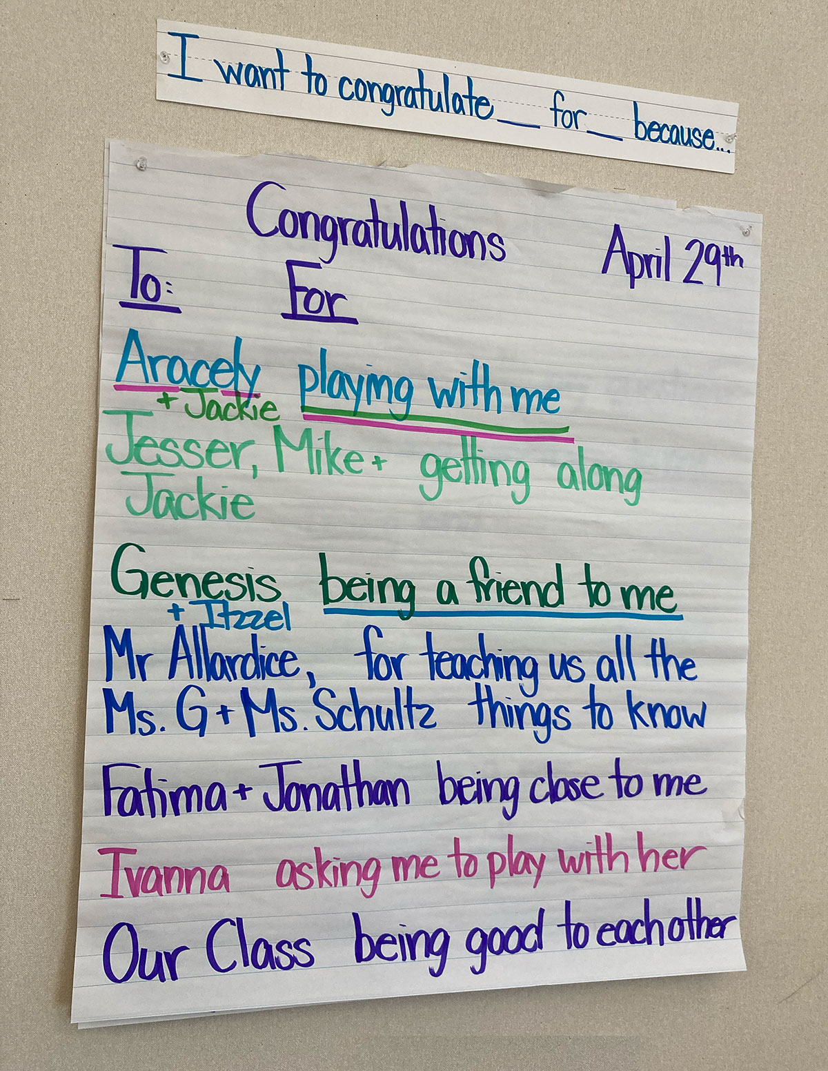 Congratulations chart in elementary classroom