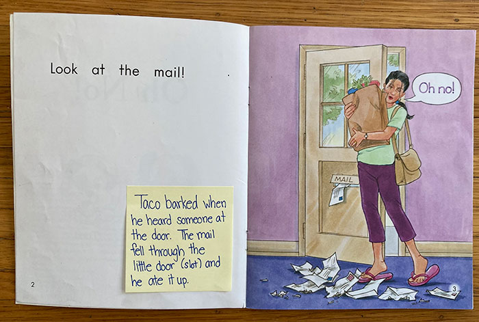 Page from predictable book showing mom returning home to find the mail