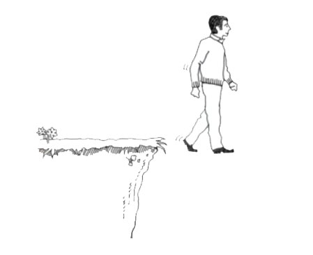 line drawing of man walking off a cliff