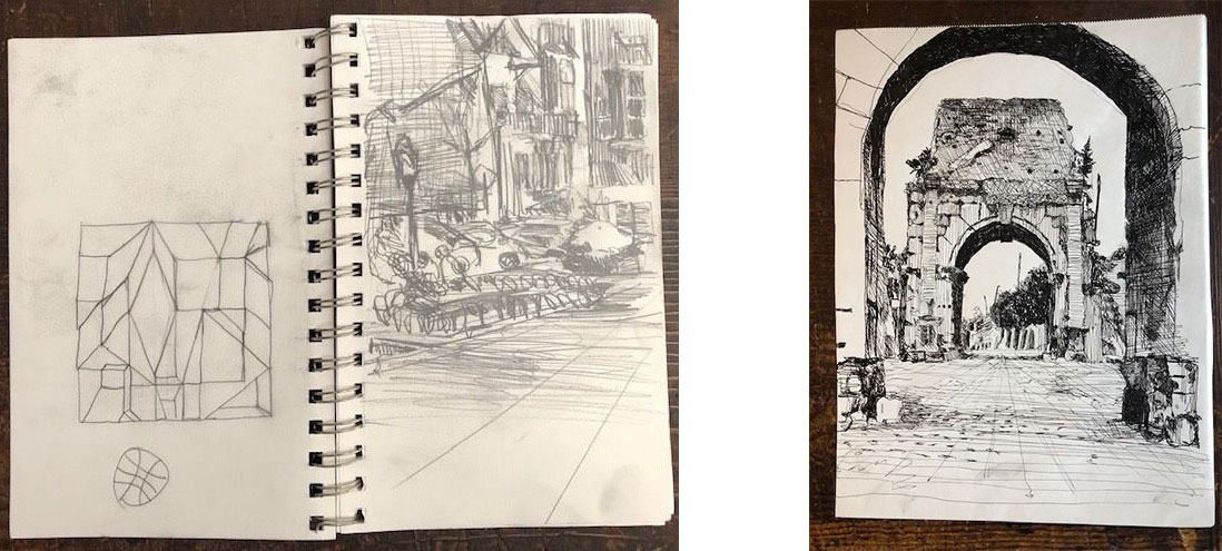 Detailed pencil and pen sketches of city scenes