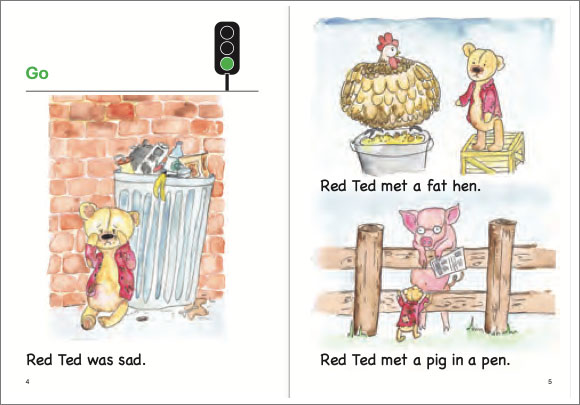 Simple text and full-color illustrations from a decodable reader about a teddy bear