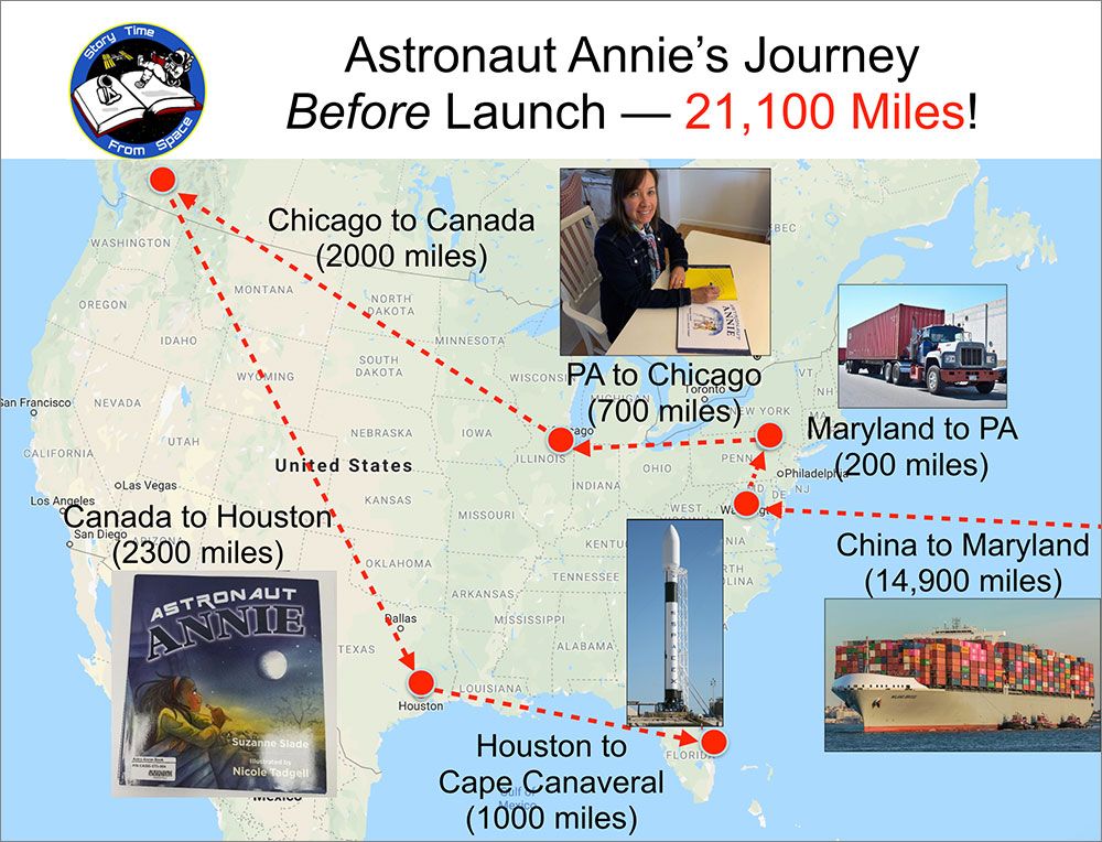 Map of the journey of the Astronaut Annie book from printing in China to delivery at the International Space Station