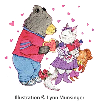 A String of Hearts illustration showing a bear giving a Valentine to a cat