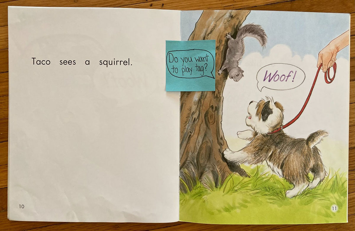 Page from predictable book showing a dog spotting a squirrel in a tree