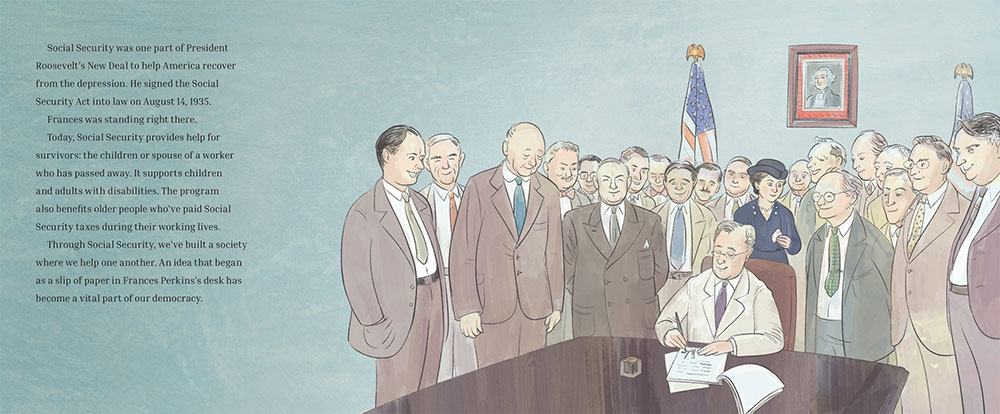 Illustration of signing of Social Security Act from Thanks to Frances Perkins picture book
