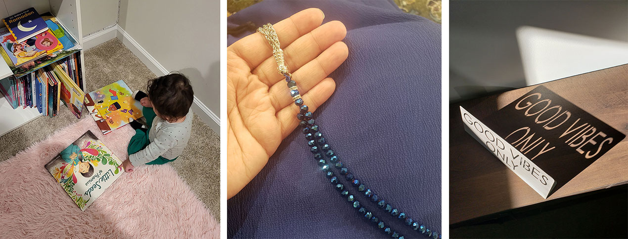 toddler looking at books, woman's hand holding blue-beaded necklace, and sign that says good vibes only