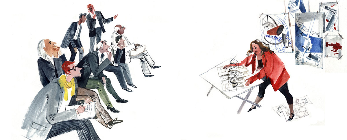 colorful illustration of Zaha Hadid drawing for an audience colorful illustration of Zaha Hadid drawing for an audience