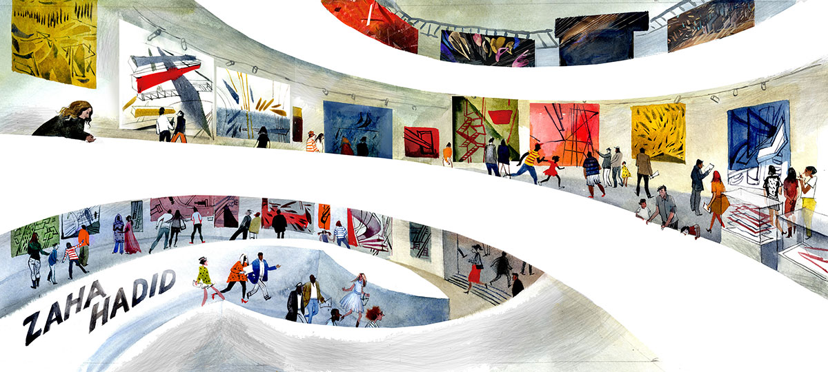 colorful illustration of Zaha Hadid's exhibition at the Guggenheim Museum colorful illustration of Zaha Hadid's exhibition at the Guggenheim Museum