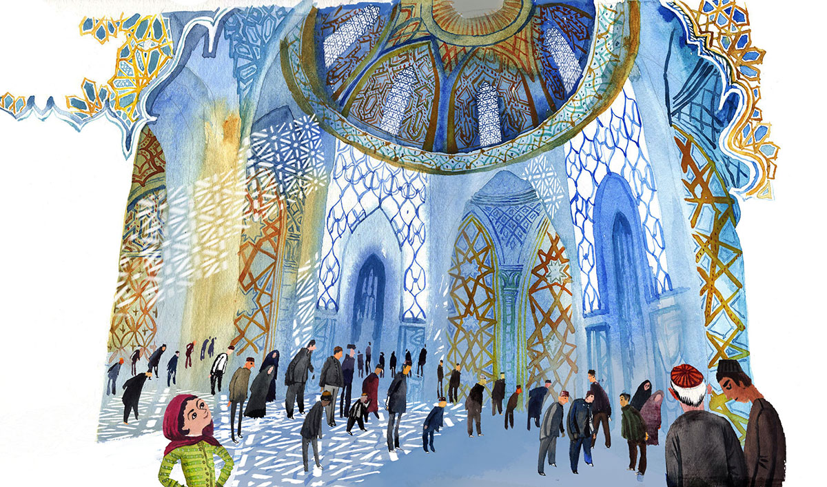 colorful illustration of Zaha Hadid visiting a mosque colorful illustration of Zaha Hadid visiting a mosque